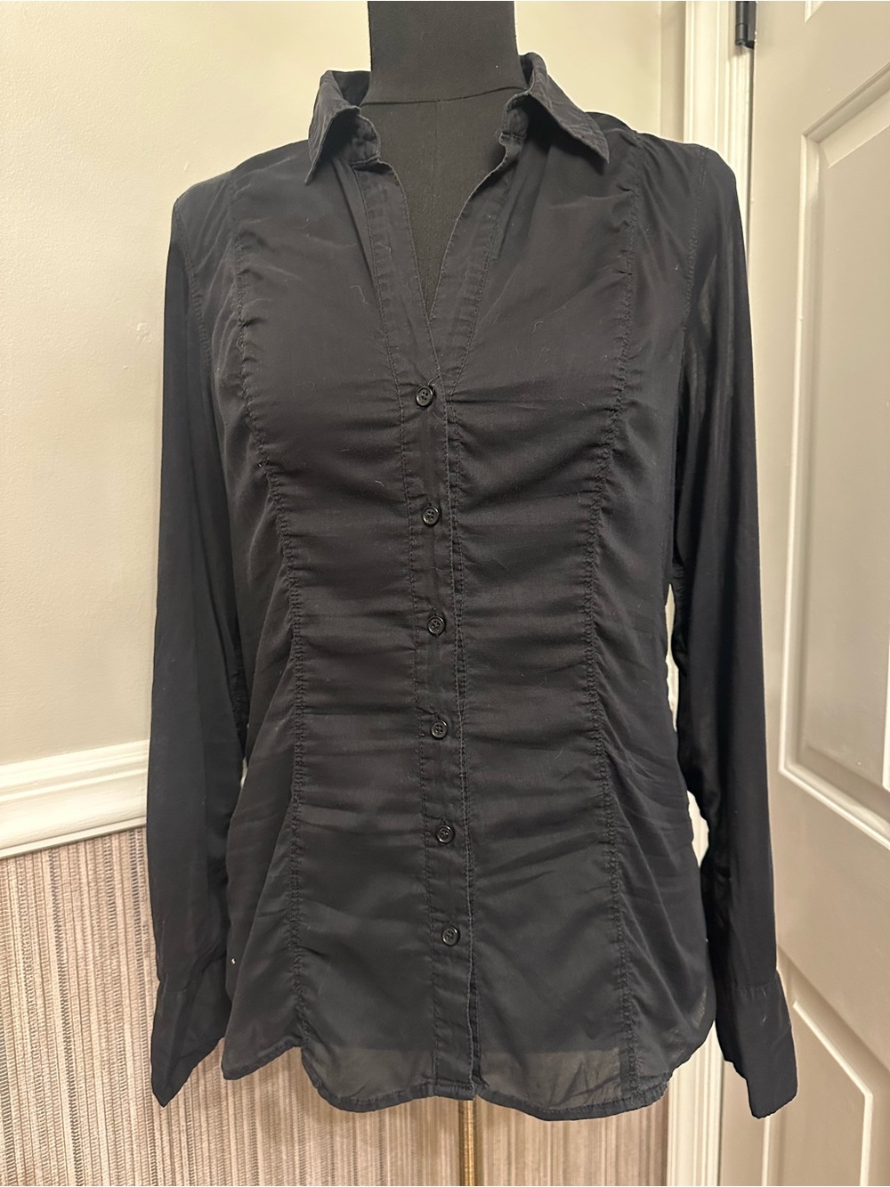 Express Black Ruched Button Down Shirt S Fitted Stretch Y2K